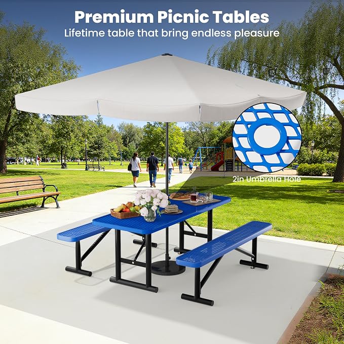 6FT Metal Picnic Tables for Outdoors, Commercial Rectangular Picnic Table for Outside, Park, Campfield, Patio, Garden, Yard, Thermoplastic Coating, Surface Mounted, Blue
