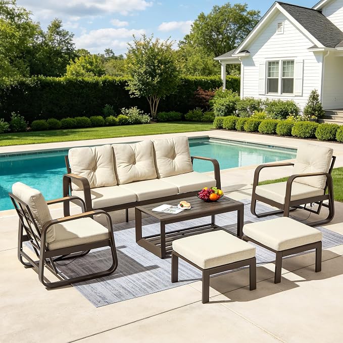 6 Pcs Aluminum Patio Furniture Set with Coffee Table Outdoor Conversation Sofa Set Include Adjustable 3-Seater Sofa, 2 Hydraulic Chair, 2 Ottoman for Balcony, Garden, Poolsid (Beige)
