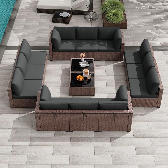 KIGOTY 14-Piece Patio Furniture Set, All-Weather PE Rattan Outdoor Sectional Sofa, Modular Wicker Conversation Set with Thick Cushions & Easy-Clean Coffee Table(Brown/Dark Grey)
