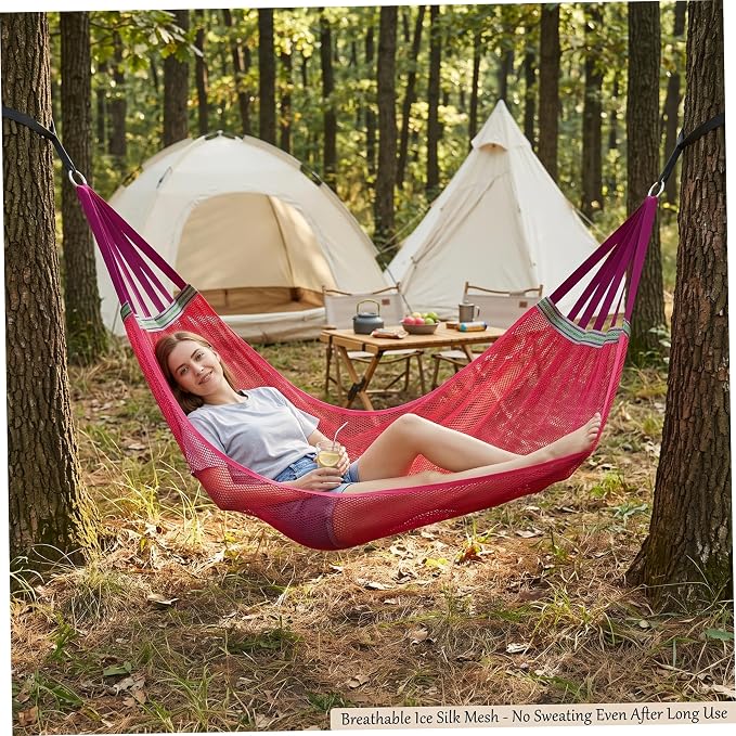 Hammock Camping, Breathable Mesh Portable Hammock, Anti-roll Outdoor Hammocks for Adults, Includes Storage Bag Red