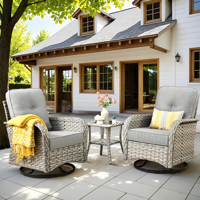 Swivel Patio Chairs Set of 2, Outdoor Wicker Rocker Glider Chair with Coffee Table, Modern Comfy Patio Furniture Sets for Porch Balcony Sunroom, Dark Gray
