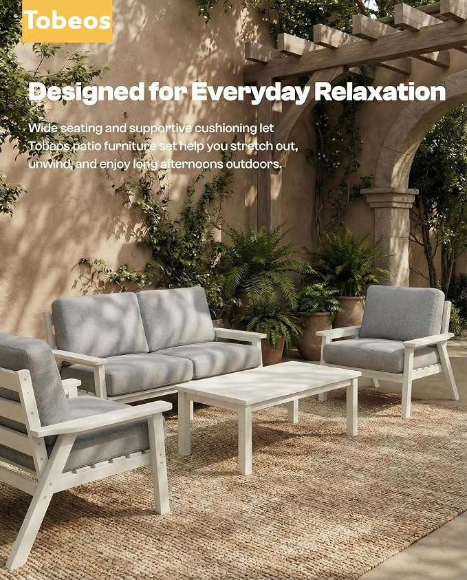 7 Piece HDPE Outdoor Furniture Set with Gray Cushions (White Frame) | All-Weather HDPE, Modular Design, Extra-Deep Seating, Thick Cushions, Ideal for Backyard, Deck & Porch