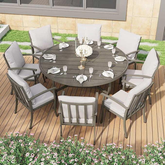 HAPPATIO Round Outdoor Dining Table, 61-inch Aluminum Patio Table with Umbrella Hole, All-Weather Aluminum Frame for Deck Lawn Garden Backyard Balcony Deck
