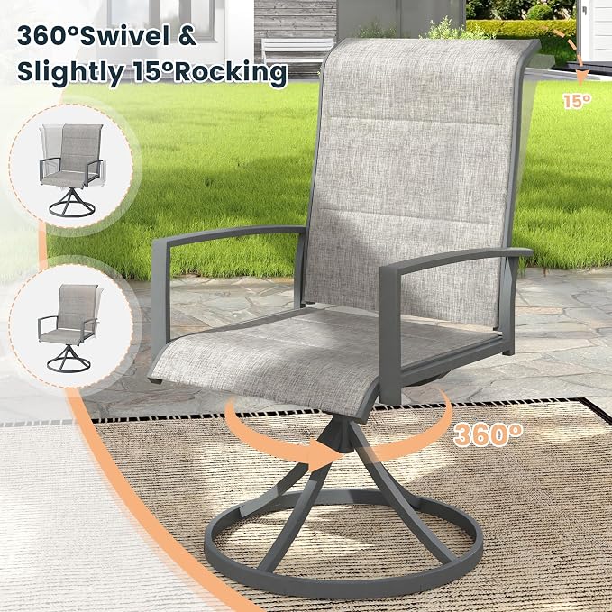 VICLLAX 7 Pieces Outdoor Dining Set, Patio Furniture Set Includes 47" Round Metal Table W/ 1.9" Umbrella Hole and 6 Padded Textilene Swivel Chairs for Porch, Lawn, Garden, Backyard