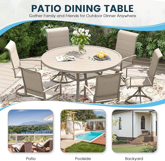 Patio Dining Table for 4-6, Round Metal Outdoor Table with 1.57" Umbrella Hole, 47" Outdoor Slat Tabletop Dining Table for Backyard, Porch, Lawn, Sand