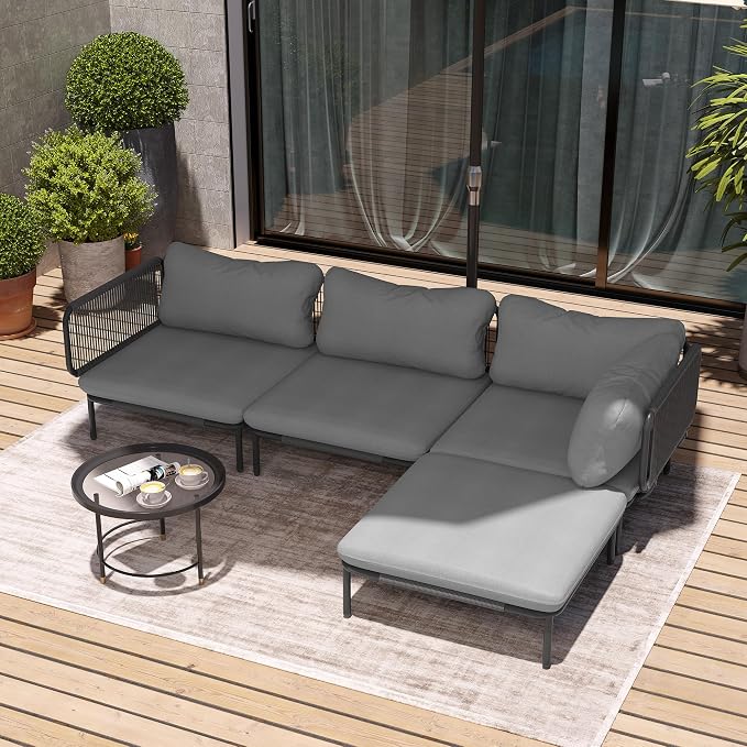 Outdoor Furniture Set, Patio Furniture Oversized Metal Patio Sectional Sofa, 4-Seat Conversation Set with Cushion for Indoor and Outdoor, Black Frame & Dark Grey Mat (4 Seats 8 Armrests)