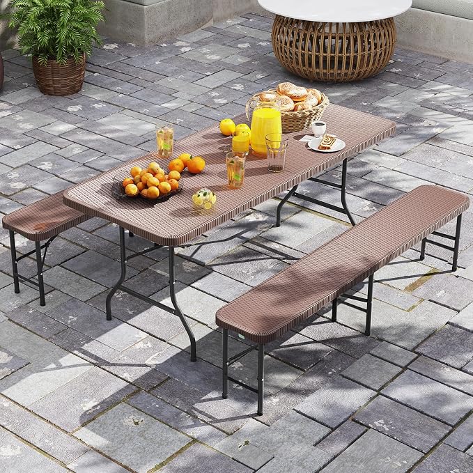 Goplus 6 FT 3-Piece Portable Picnic Table Bench Set, HDPE Rattan-Like Plastic Folding Picnic Tables with Benches, Foldable Patio Camping Beer Table, Indoor & Outdoor Folding Table and Chairs