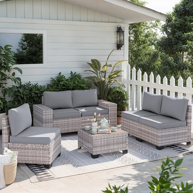 6-Piece Outdoor Patio Furniture Set Wicker Sectional Sofa Set, Patio Conversation Set with Thickened Cushions & Chunky Arms Coffee Table for Garden, Backyard, Poolside, Grey