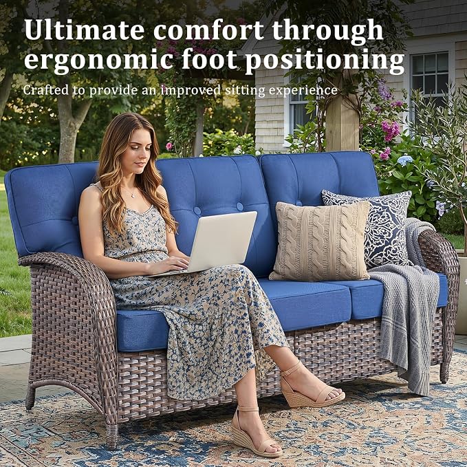 7 Piece Outdoor Patio Furniture Set with Fire Pit Table,Conversation Sectional Wicker Couch with Swivel Chairs,Modern Outside Sofa for Balcony Backyard, Brown/Blue