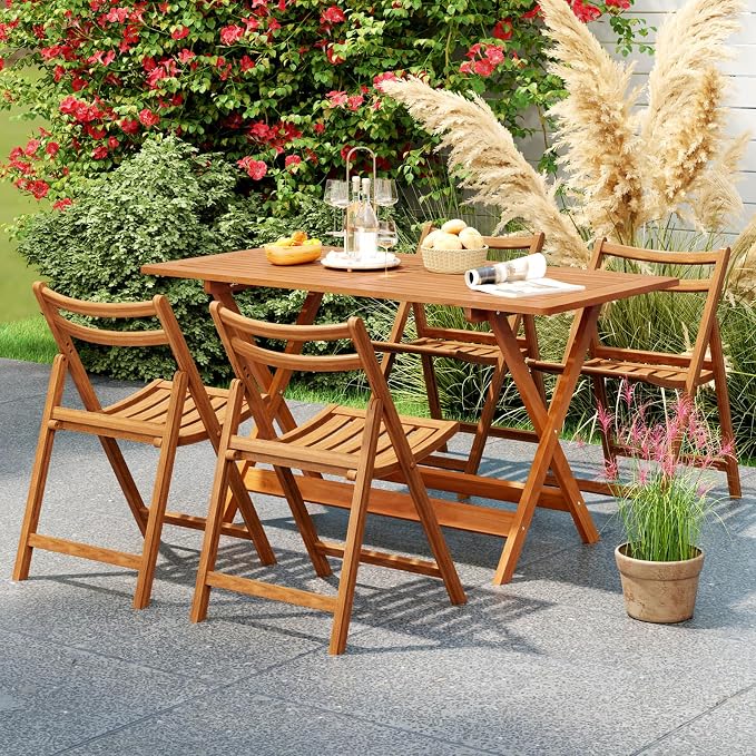 Outdoor Dining Table, Solid Wood Long Outdoor Tables with 2" Umbrella Hole & X-Shaped Support Legs, Patio Table for Porch Balcony Deck Garden Yard, Teak Oil Finish