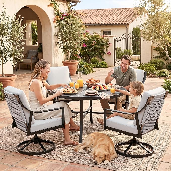 NATURAL EXPRESSIONS 5-Piece Outdoor Patio Dining Set, Black Patio Swivel Rocking Chairs and 38’’ Round Dining Table with 1.65’’ Umbrella Hole