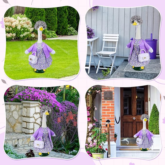 Old Lady Porch Goose Outfits, 100 Days Grandma Wigs with Goose Clothes for 23" Lawn Cement Plastic Geese Statues for Garden Yard Holiday Decoration