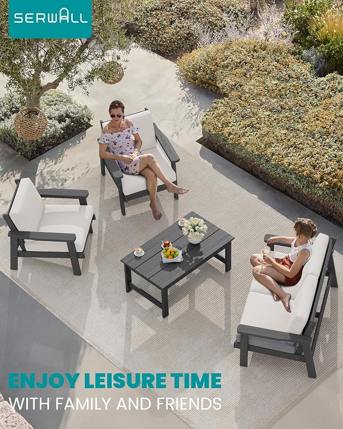 SERWALL HDPE Patio Furniture Set with 15FT Double Side Patio Umbrella, All Weather Wood-Like Outdoor Sofa Sectional Couch, Grey Patio Furniture with Khaki Cushions