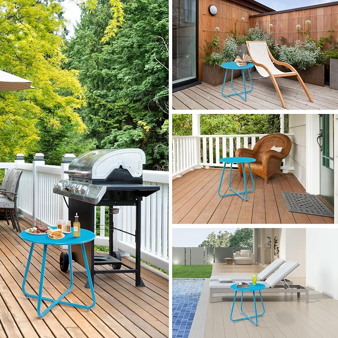 Patio Small Side Table Waterproof Round Metal Steel Weather Resistant Portable Outdoor and Indoor End Table for Garden Balcony Yard,Sky Blue(2 PCS)
