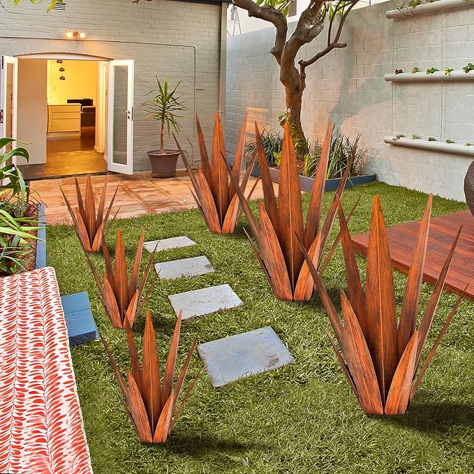 KODIBO 24" Metal Agave Plant Outdoor Decor, Large Garden Sculpture, Rusty | Weather-Resistant Rustproof Metal, Hand-Painted Finish, Tequila Rustic Sculpture, Desert Steel Yard Art, Garden Outdoor Decor