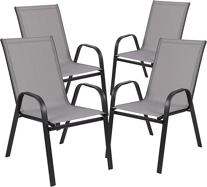 EMMA + OLIVER Seven Piece Indoor/Outdoor Dining Set - Metal Table with Tempered Glass Top - Six Gray Flex Comfort Chairs- Umbrella Hole - All Weather