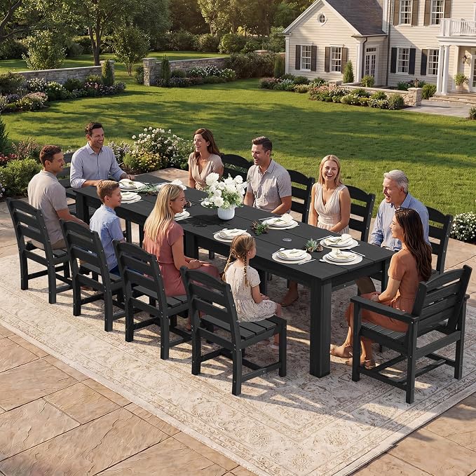 SERWALL 59" HDPE Outdoor Dining Set for 6, w/ 1 Table & 6 Chairs, Black | Armless Patio Dining Sets for All Weather Use