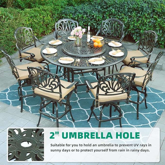 VIVIJASON 61" Patio Round Height Bar Table, All-Weather Cast Aluminum High Top Dining Table with 31" Lazy Susan & Umbrella Hole for Outdoor Balcony, Porch and Deck, Fits for 6-8 Person, Dark Bronze
