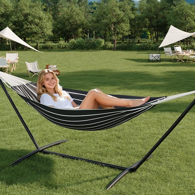 Hammock with Stand for Outside, Upgraded Carrying Case,Easy Assembly, Portable Space Saving Heavy-Duty Steel Frame,Perfect for Outdoor & Indoor,Black & White
