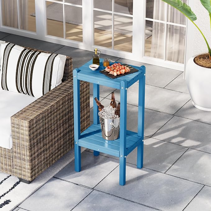 Costaelm Outdoor Side Table, 2-Tier Small Patio Coffee Tables for Outside, Outdoor End Tables for Patio, Adirondack Side Table for Outside, Outside Table for Pool, Porch, Garden, Pacific Blue