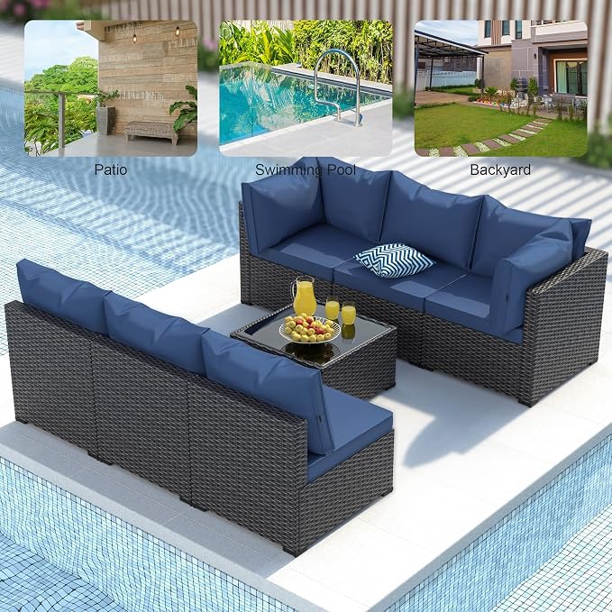 Patio Furniture Set, 7PCS Outdoor Sectional PE Rattan Patio Conversation Set w/Thickened Cushion Modular Wicker Patio Sofa Set w/Coffee Table for Balcony, Backyard(Blue)