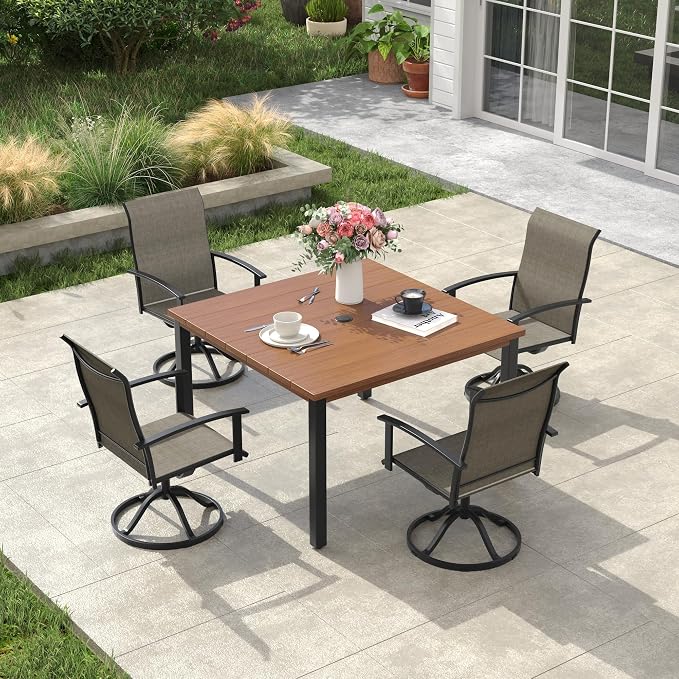 VICLLAX Square Patio Dining Table for 4, Outdoor Patio Table with Umbrella Hole for Garden Lawn Deck Backyard, Walnut Tabletop