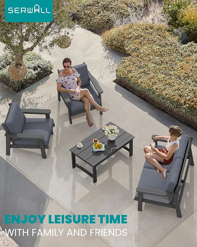 SERWALL Outdoor Patio Furniture Set, 5 Piece HDPE Patio Conversation Sets, All-Weather Wood-Like Outdoor Couch Loveseat and Coffee Table with Thick Cushions for Porch Balcony Garden Backyard