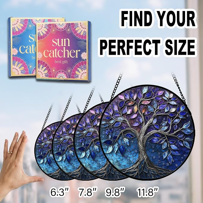 Birthday Gifts for Women - Blue Tree of Life Faux Stained Glass Window Hanging Sun Catcher for Door Garden Acrylic Decor Mother's Day Christmas for Mom Nana Grandma Sisters Wife 11.8"