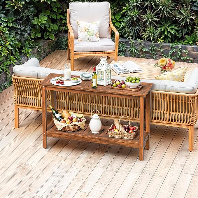Wooden Console Table, 48in 2-Shelf Solid Wood Patio Side Table, Indoor Outdoor Buffet Bar Organizer with Foot Sliders (Natural)