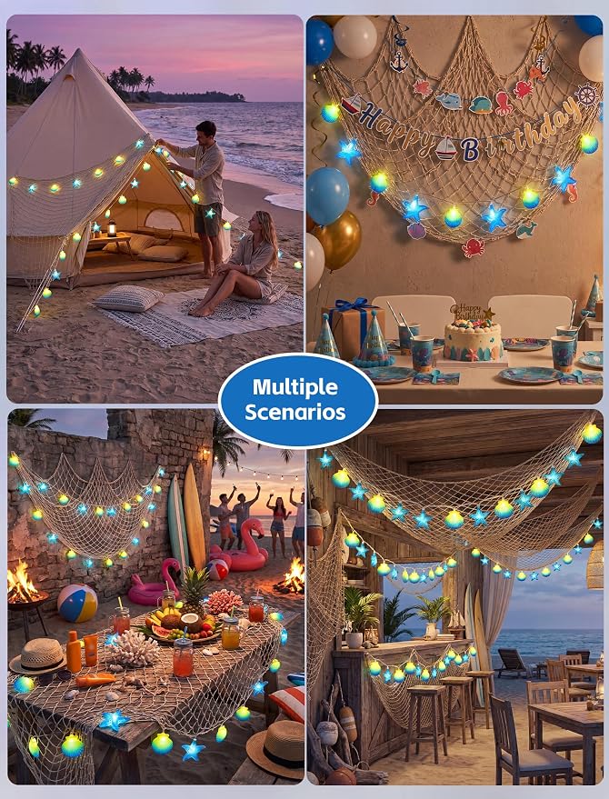8.5Ft Beach Themed Seashell String Lights, 10 LED Starfish Lights Plug in | 1 Pack Fish Net, Connectable, Hanging Patio Lights UL Listed for Bedroo, Party, Holiday Decor, Indoor Outdoor, ,Wedding