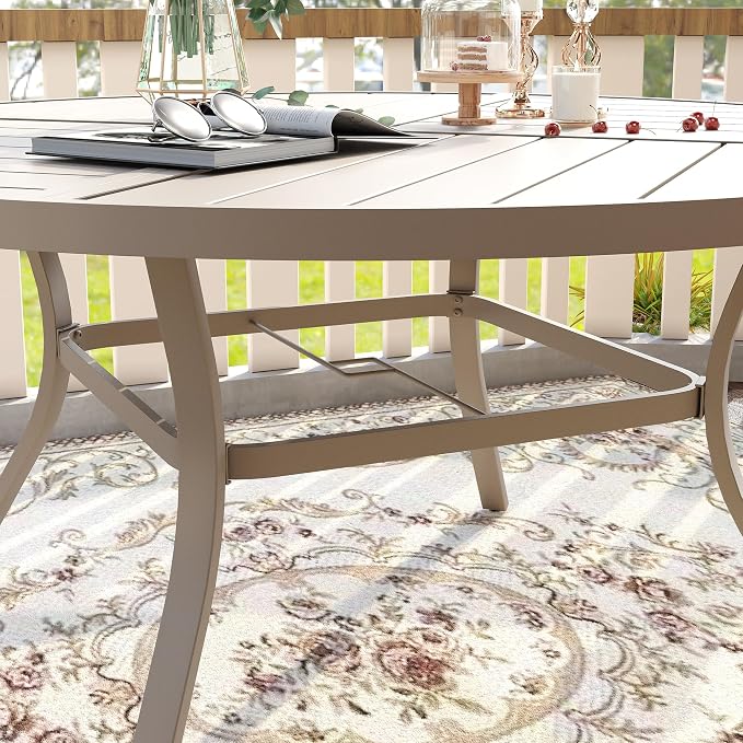 VICLLAX 60" Outdoor Round Patio Table for Lawn Garden, All Weather Metal Round Patio Dining Table with Adjustable Umbrella Hole, Outdoor Table for 8-10 Person, Cream Color Tabletop