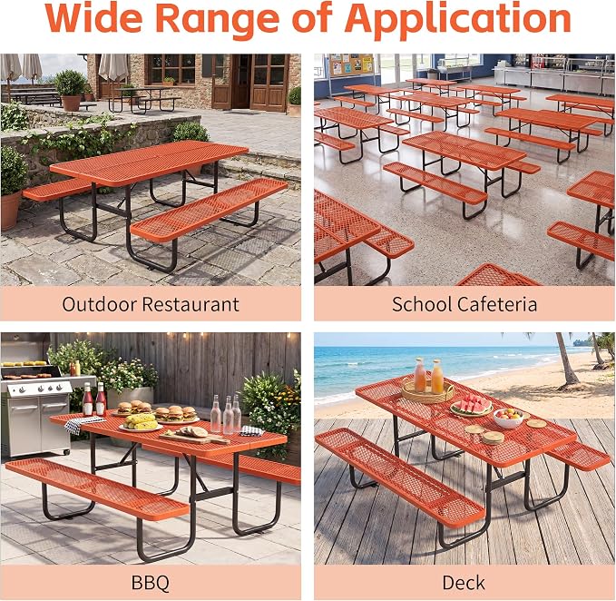 72" Outdoor Rectangular Picnic Table with Umbrella Hole, Heavy Duty Commercial Grade Steel Camping Table for Backyard Patio Deck, Weather-Resistant Orange Metal Mesh