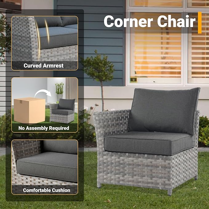 CAODOC 12 Pieces Outdoor Furniture Patio Sectional Sofa Couch Gray PE Wicker Conversation Sets with Ottomans Glass Coffee Table for Garden Poolside Backyard