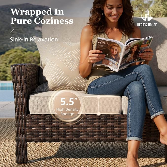 HERA'S HOUSE 5-Piece Patio Furniture Set with Outdoor Swivel Chairs & Fire Pit, High Back Wicker Conversation Sets with 5.5" Thick Cushions, All-Weather Deep Seating Sofa, Beige