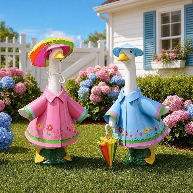 DECOHS 2 Set Raincoat Porch Goose Outfits, Summer Lawn Goose Statue Raincoat Costume, Yard Goose Clothes Raincoats Umbrella Hat Outfit for 23" Statue Patio Garden Decoration (Blue & Rosy)