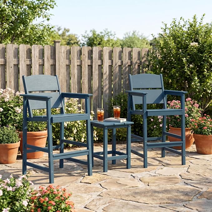 2 Pack Outdoor Bar Stools, HDPE Patio Bar Chairs with Armrests & Footrest, Weather Resistant All-Weather Counter Height Chairs for Outdoor Deck, Backyard, Poolside,Blue