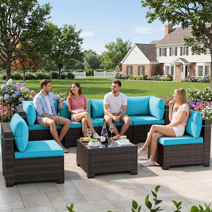LAFWLL 7 Pieces Outdoor Patio Furniture Sets,Rattan Conversation Sectional Set,Manual Weaving Wicker Patio Sofa with Tea Table