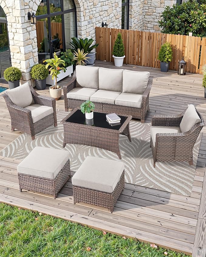 Patio Coffee Table for Outdoor Furniture Set - Easily Clean Wicker Side Tables with Smooth Black Tempered Glass Tabletop for Outside Wicker Rocking Swivel Chairs in Porch Deck Yard - Brown