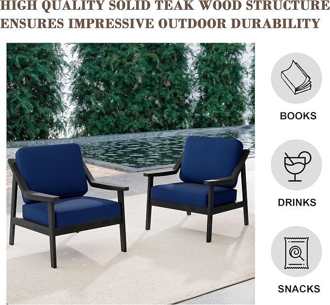 Outdoor Patio Furniture Set, 2 Piece Outdoor Patio Sofa Armchairs with Washable Thick Cushions, All-Weather Solid Wood Patio Bistro Set for Porch, Balcony, Black Frame & Navy Cushion