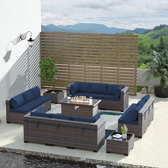 Outdoor Patio Furniture Set with Gas Fire Pit Table, 15 Pieces Outdoor Furniture Set Patio Sectional Sofa w/43in Propane Fire Pit, PE Wicker Rattan Patio Conversation Sets - Navy