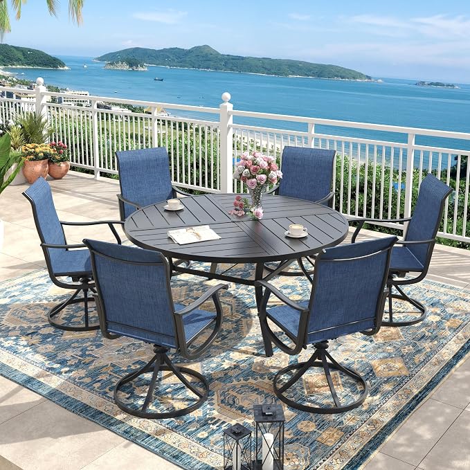 50" Outdoor Dining Table with Adjustable Umbrella Hole, Metal Slatted Round Patio Dining Table for Backyard Garden Deck, Black