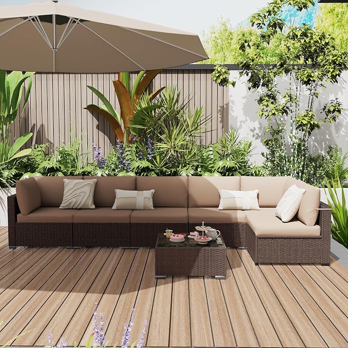 KIGOTY 7-Piece Patio Furniture Set, All-Weather PE Rattan Outdoor Sectional Sofa, Modular Wicker Conversation Set with Thick Cushions & Easy-Clean Coffee Table(Brown/Camel)