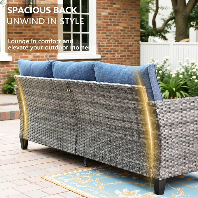 CAODOC 8-Piece Outdoor Wicker Patio Set with 9 Seats, Including 43" Fire Pit - Sectional Sofa and Conversation Set for Backyard or Lawn, Gray Rattan with Waterproof Blue Cushions