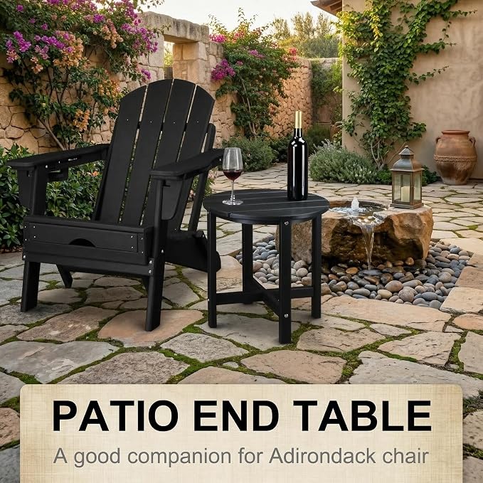 Outdoor Side Table, 18" HDPE Round Patio End Table, Weather Resistant Small Outside Table for Adirondack Chairs, Garden, Porch, Poolside, Deck and Living Room, Wood-Like Texture, Black (Style A)
