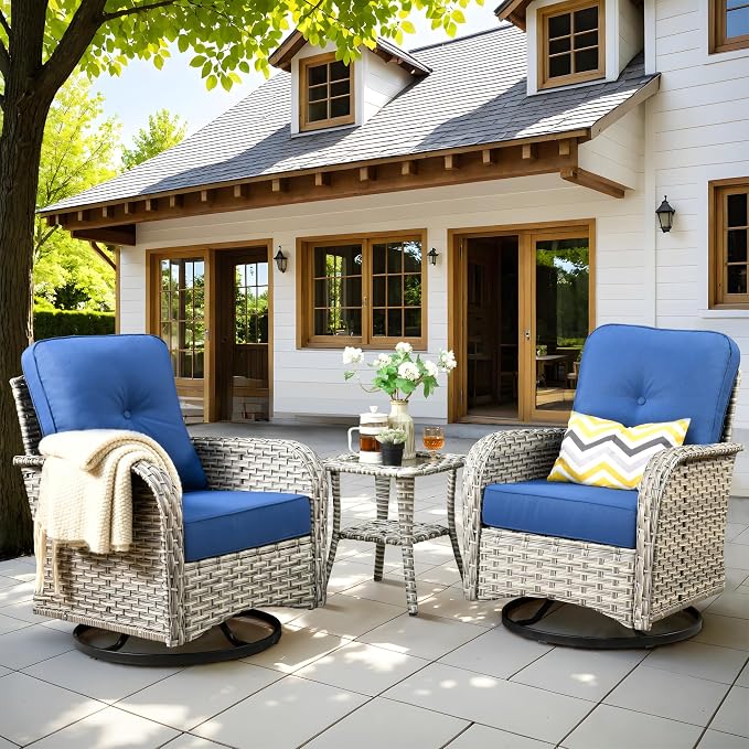 Outdoor Swivel Rocker Patio Chairs,Wicker Glider Swivel Rocking Chair Set of 2,Patio Rocking Swivel Chair Set with Rattan Side Table, Navy Blue
