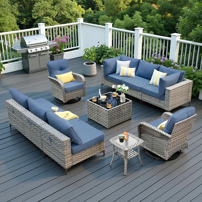10 Pieces Patio Sectional Furniture Set, Outdoor Wicker Sectional Couch with High Back Swivel Rocker Chairs Solar Lights Table, Modern Conversation Set for Porch Balcony Backyard, Denim Blue