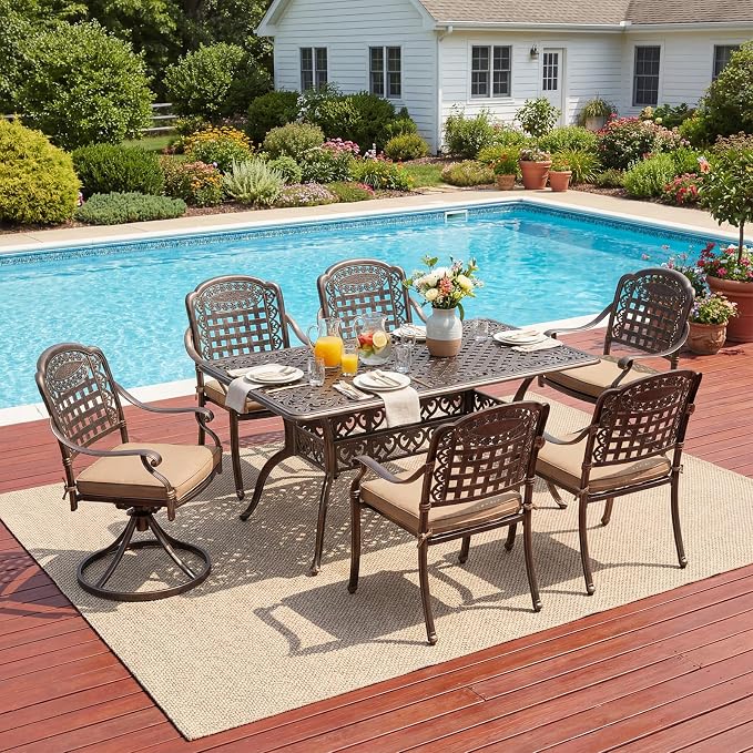 Redlife 7-Piece Cast Aluminum Outdoor Dining Set, 59" Rectangular Patio Table with Umbrella Hole, 2 Swivel Rocker Chairs & 4 Stackable Chairs with Cushions, Lattice Backrest