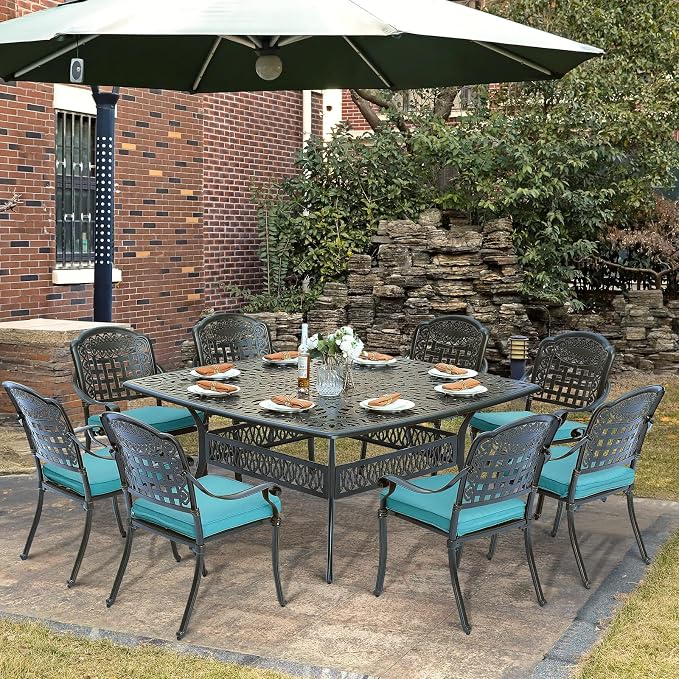9-Piece Patio Cast Aluminum Dining Set, Outdoor Table and Chairs Set for 8, Includes 64" Large Square Dining Table and 8 Cushioned Chairs with Umbrella Hole for Lawn Garden, Ocean Blue
