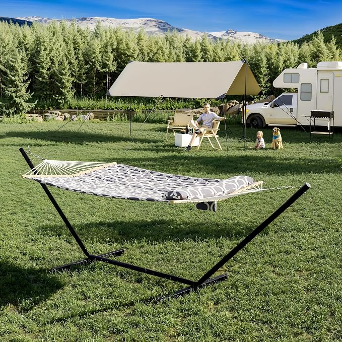 Heavy Duty Double Hammock with Stand & Soft Pillow, 450 LBS Capacity - Padded Portable Hammock for Indoor Outdoor Patio Backyard Garden