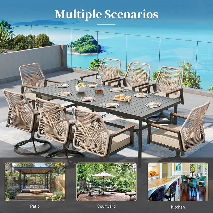 Patio Dining Set 9 Piece, 8 x Woven Rattan Swivel Chairs with Waterproof Cushion, 57.5" Square Metal Dining Table with Umbrella Hole, Outdoor Table and Chairs Set for Backyard Lawn and Deck, Beige